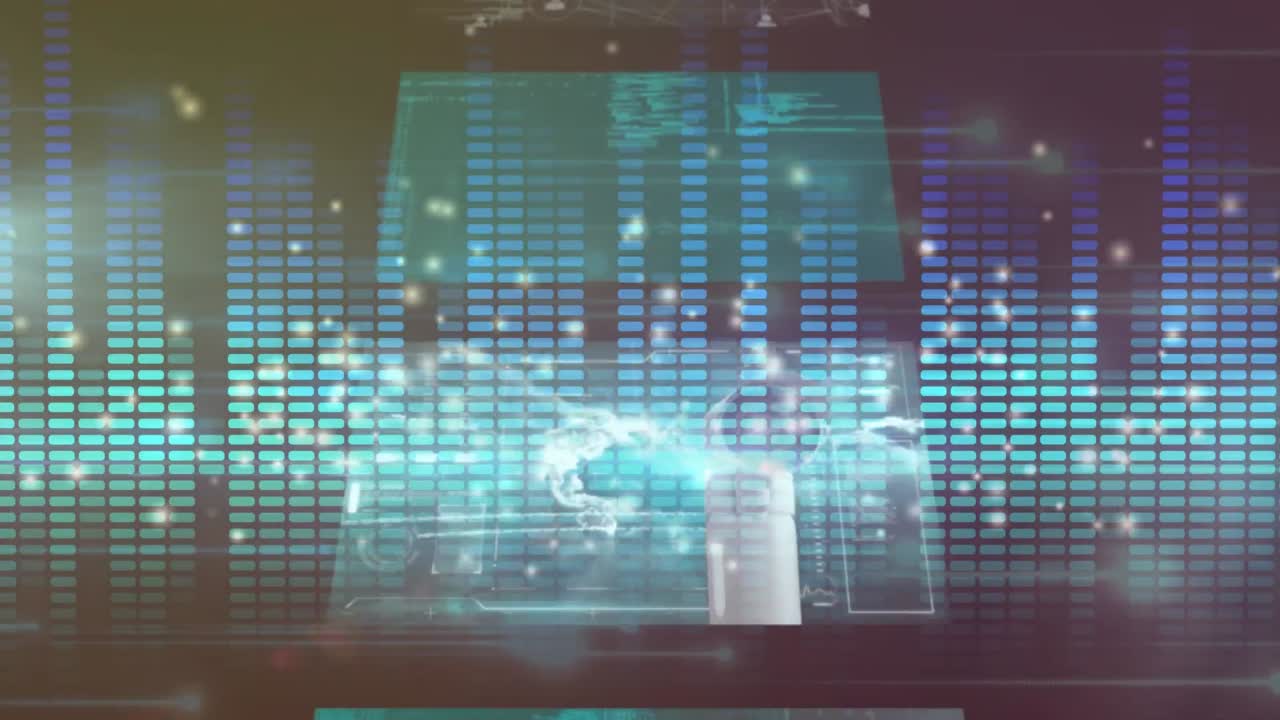 파란색 직사각형 조명 위에 데이터를 처리하는 캐스케이딩 인터페이스 화면의 애니메이션