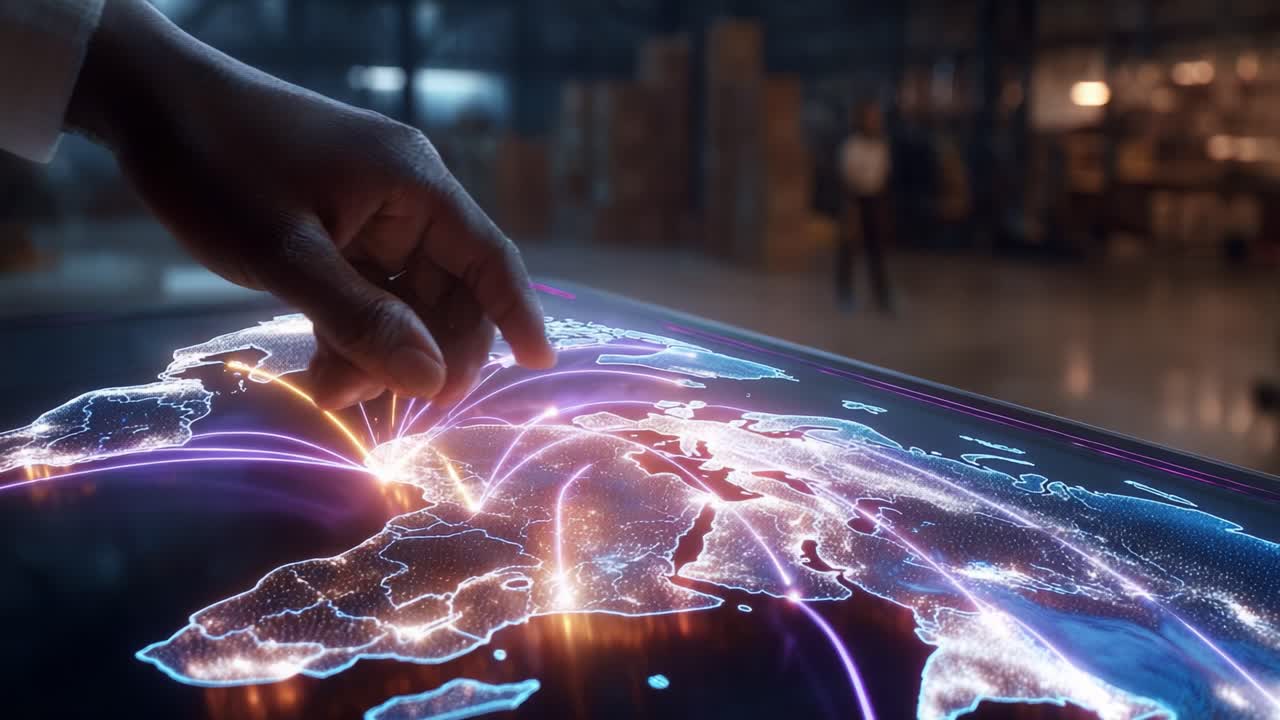 Exploring Global Connections: A Detailed Visualization of International Networks Through Futuristic Technology in a Modern Workspace Setting