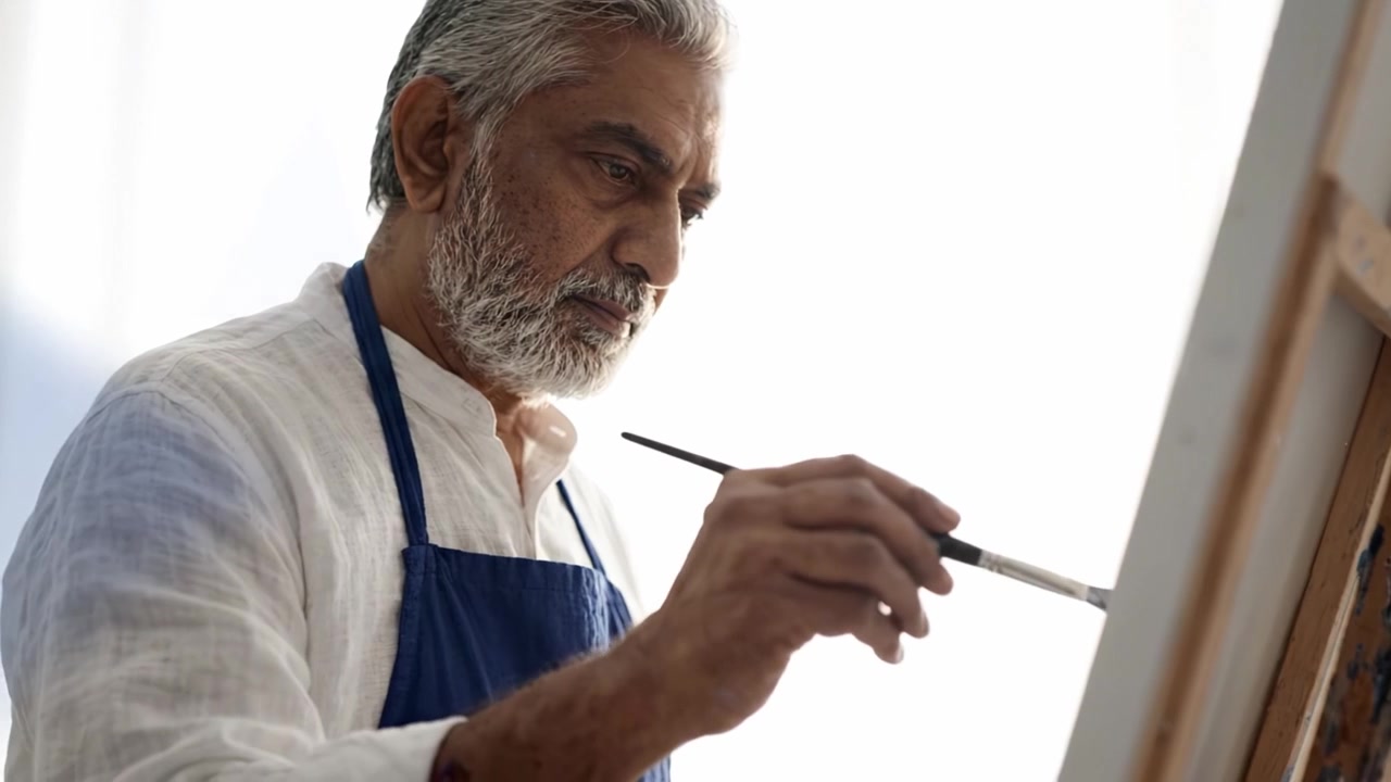 Un artista dedicato al lavoro: cattura l'essenza della creatività con ogni pennellata in un ambiente di studio luminoso e stimolante.
