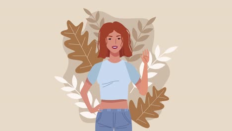 feliz día de la mujer animación con la dama y las hojas