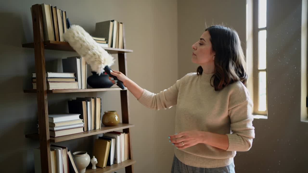 Donna in maglione e pantaloni che a casa spolvera gli scaffali con uno spolverino mentre la luce del sole rivela la polvere.