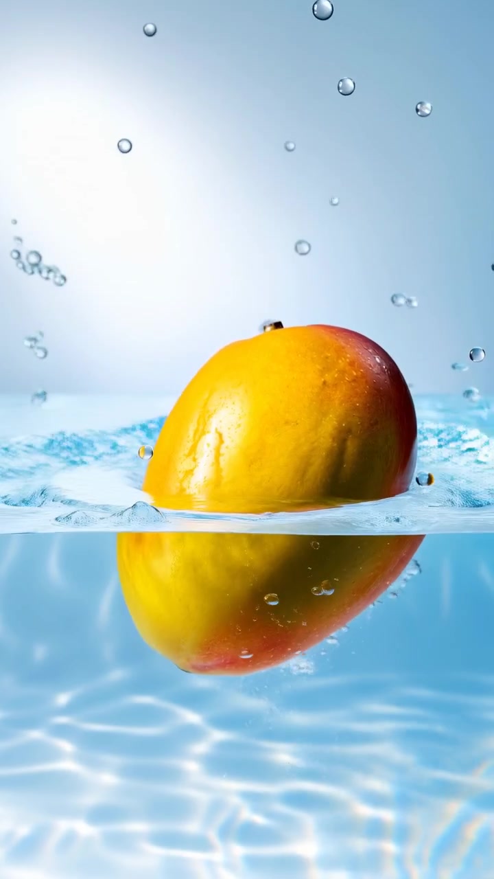 Un mango giallo dorato scende dalla linea di galleggiamento nell'acqua blu limpida, mentre lo schizzo iniziale si trasforma in piccole onde, bolle e increspature circolari sotto una luce brillante e pulita
