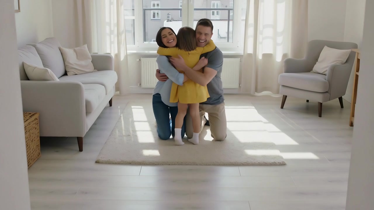 Niña con vestido mostaza corriendo hacia la puerta de casa para abrazar a sus padres arrodillados con los brazos abiertos.