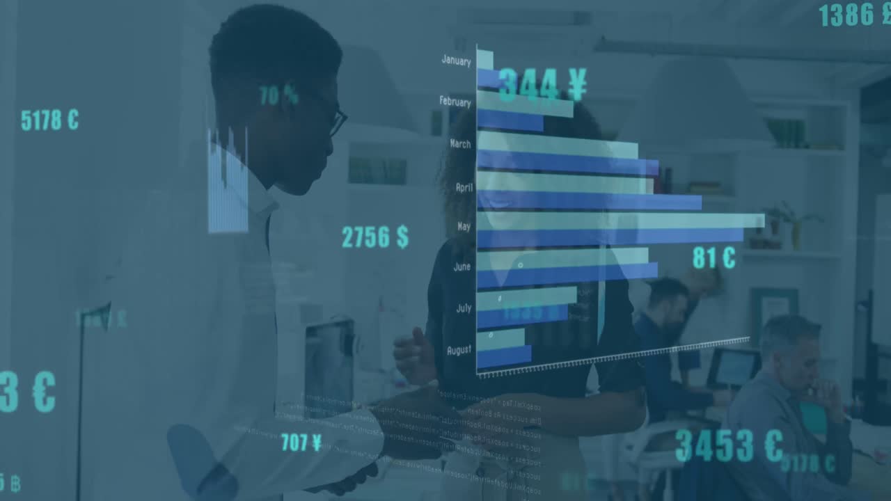 Animation of financial data processing over diverse business people working at office