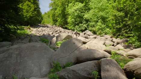 felsenmeer in odenwald sea of rocks wood nature tourism on a sunny day pan shot