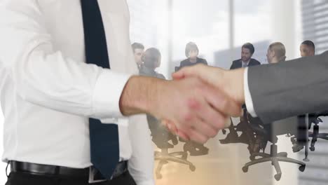 Animation-of-businessmen-shaking-hands-over-businesspeople-and-cityscape