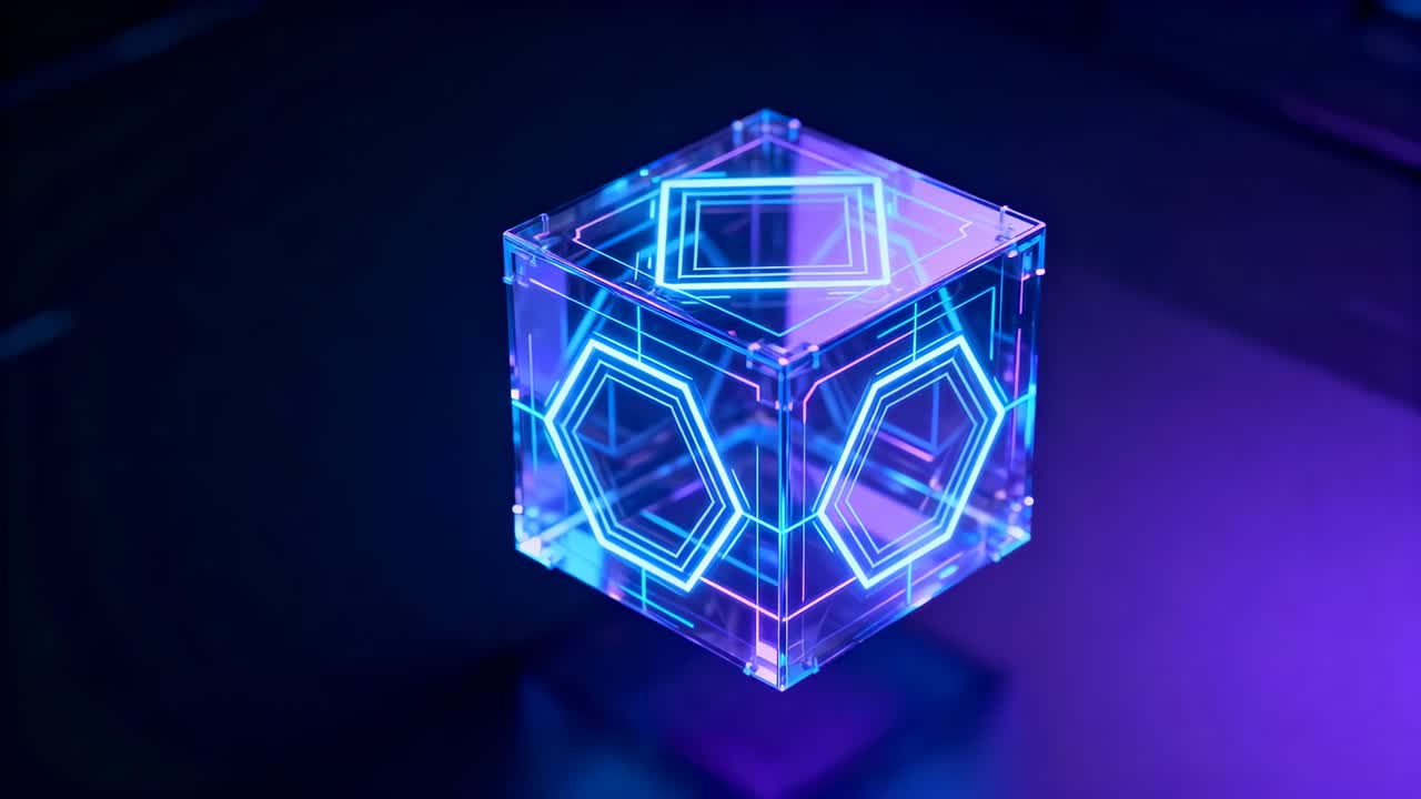 Rotating acrylic cube showing internal glow on table while camera approaching, with neon hex lights