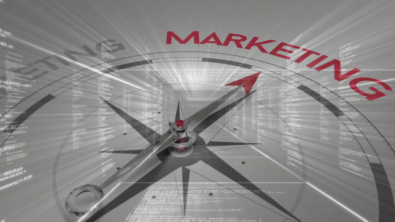 Metallic compass dial rotating toward red MARKETING, code streams and light beams converging center