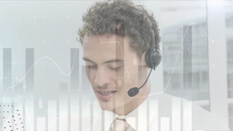 Animation-of-statistics-over-businessman-using-phone-headsets