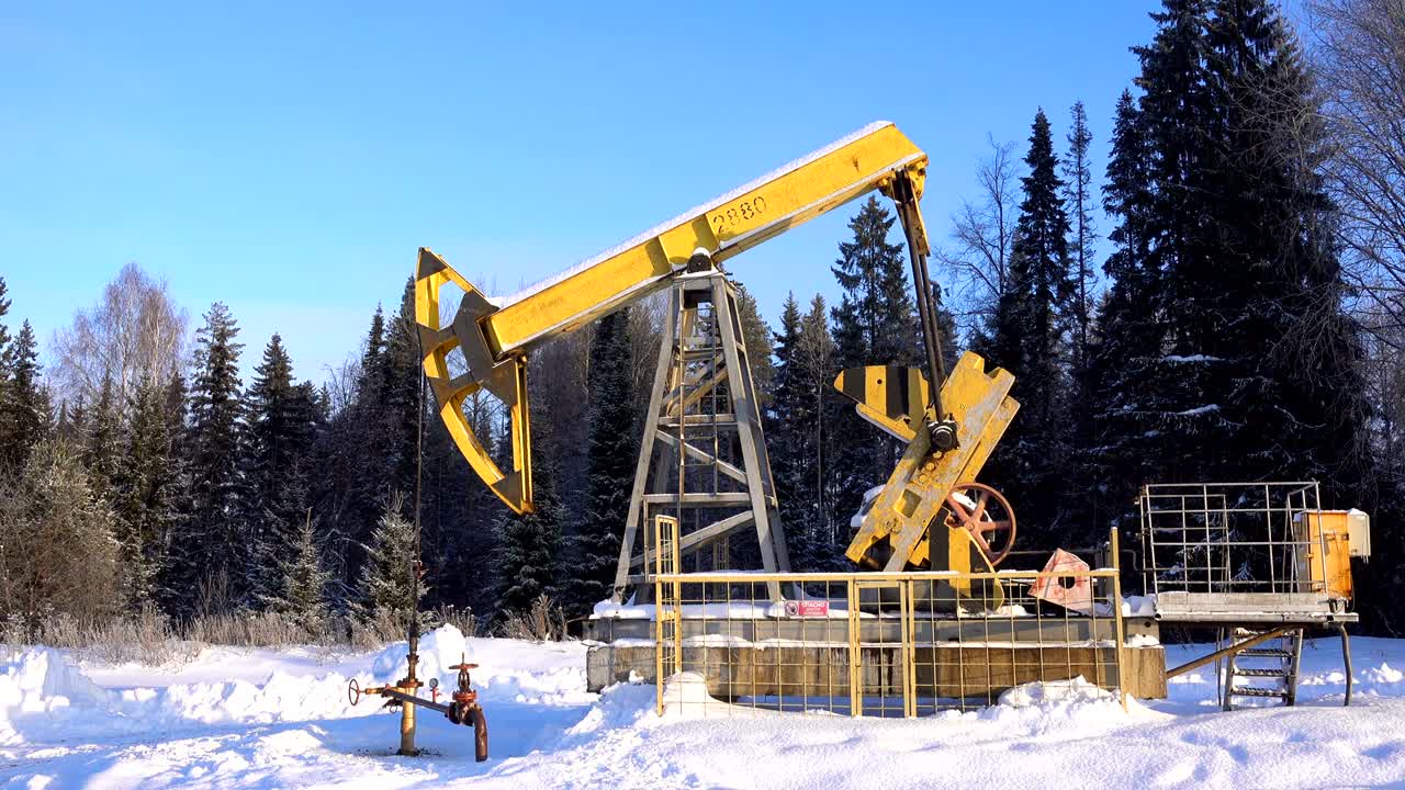 Industriel oliepumpe, der pumper råolie til fossil brændstofenergi med borerig på oliefelt mod et skovlandskab, videoloop.