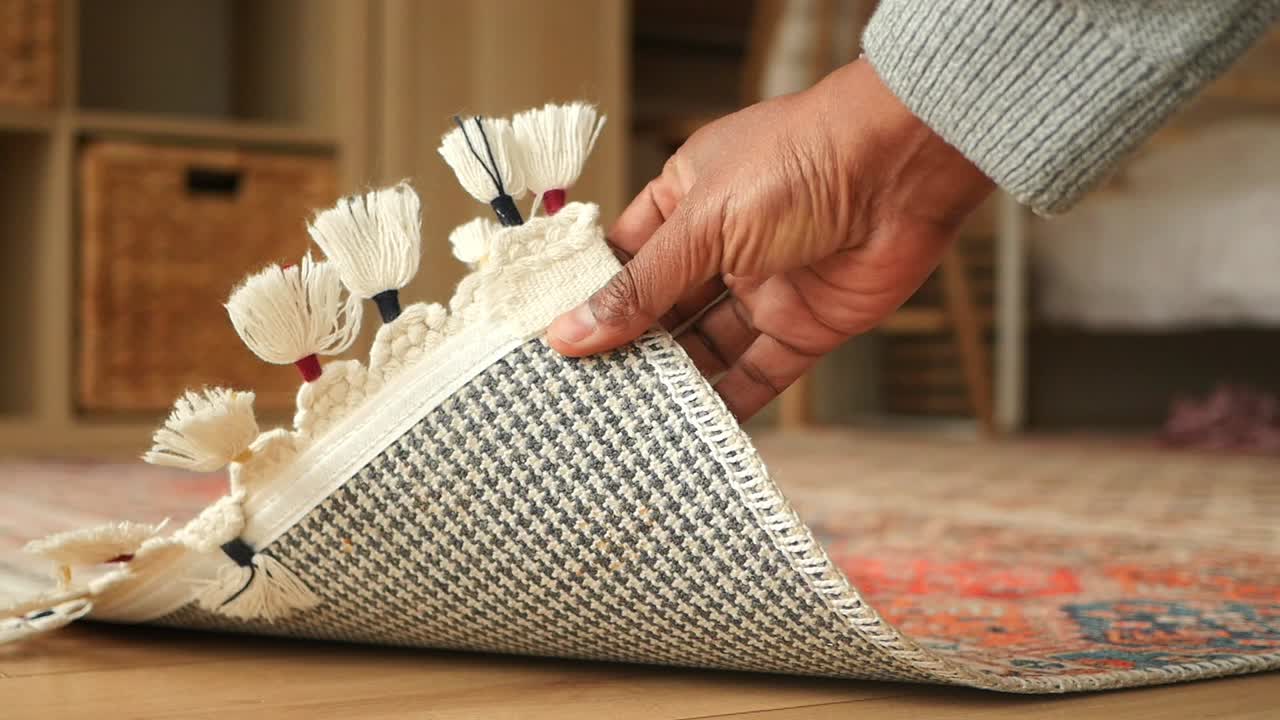 Person moving a rug in a room