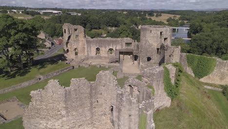 Aerial-orbital-of-Barnard-Castle-Ruins-in-County-Durham-on-a-sunny-morning