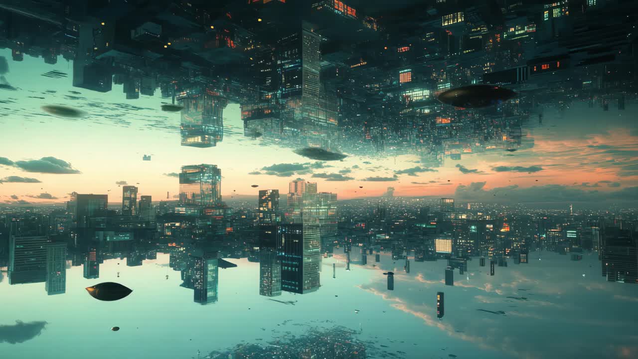 Inverted Futuristic Cityscape at Sunset