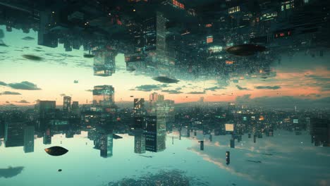 inverted futuristic cityscape at sunset