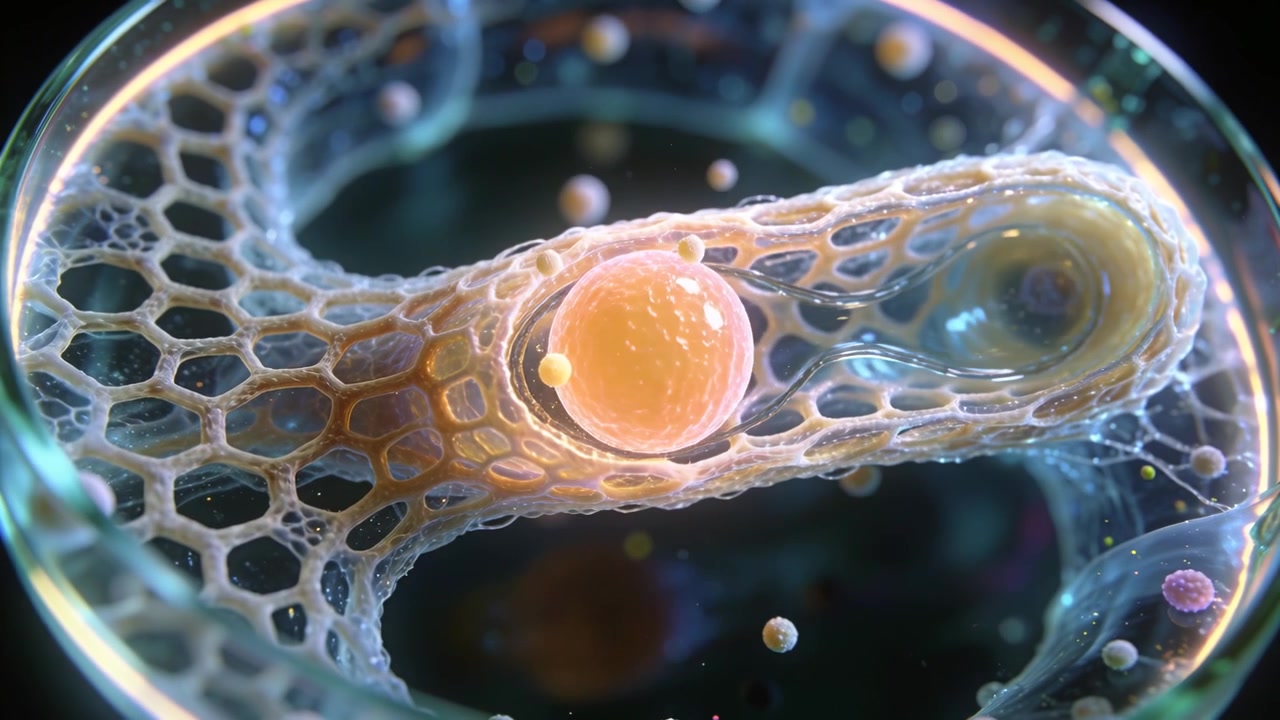 Appearing tiny pale bead entering honeycomb tube cavity, swelling and forming larger droplet