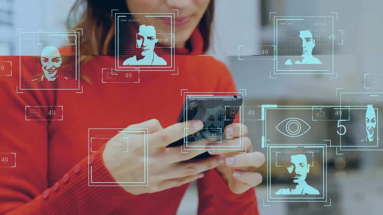 animación de la interfaz digital sobre las mujeres caucásicas que usan teléfonos inteligentes