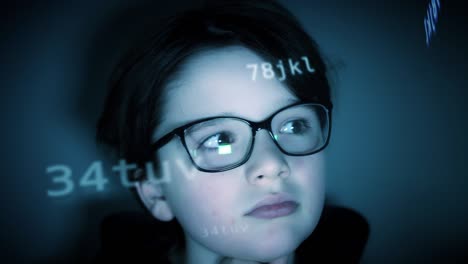 niño futurista de 4k mirando alrededor de animación y estadísticas