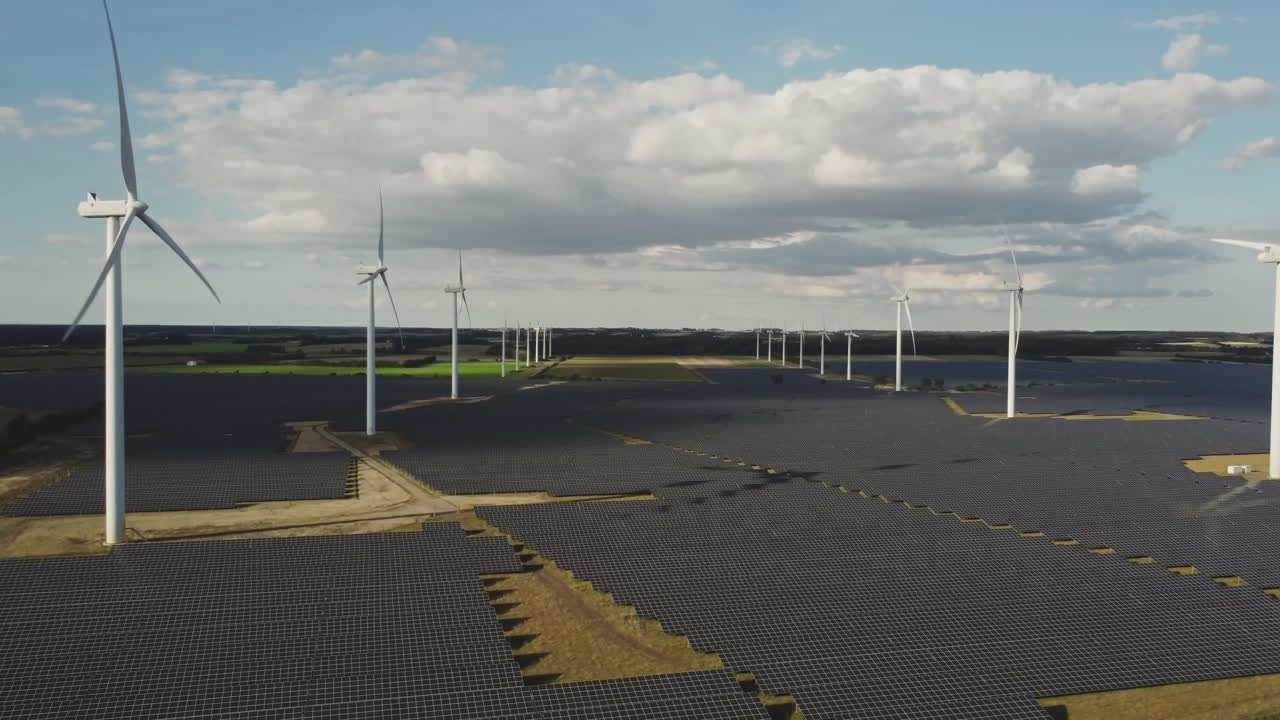Onshore Wind Turbines And Vast Solar Panel Plant Near Holstebro In Denmark