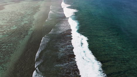 aerial tracking left follows waves breaking on shallow fringing reef in ocean water