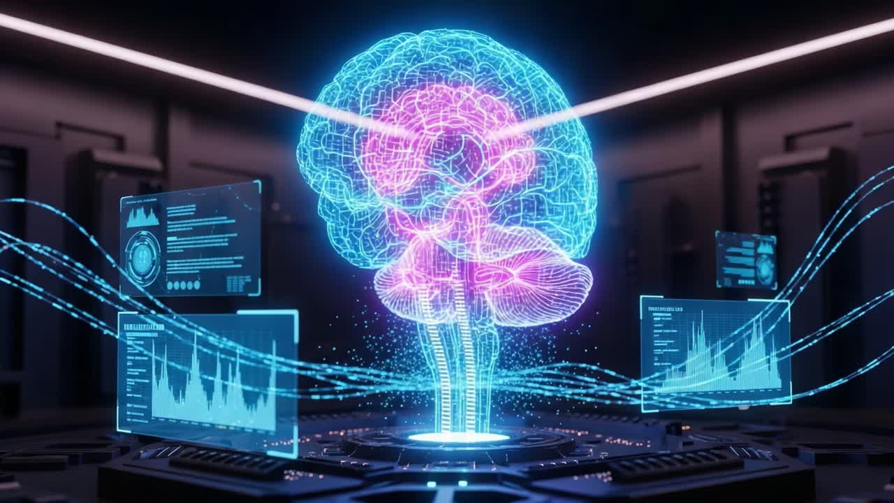 A Futuristic Representation of a Brain Holograph with Data Analysis Visuals, Illustrating the Intersection of Technology and Neuroscience in a Digital Setting