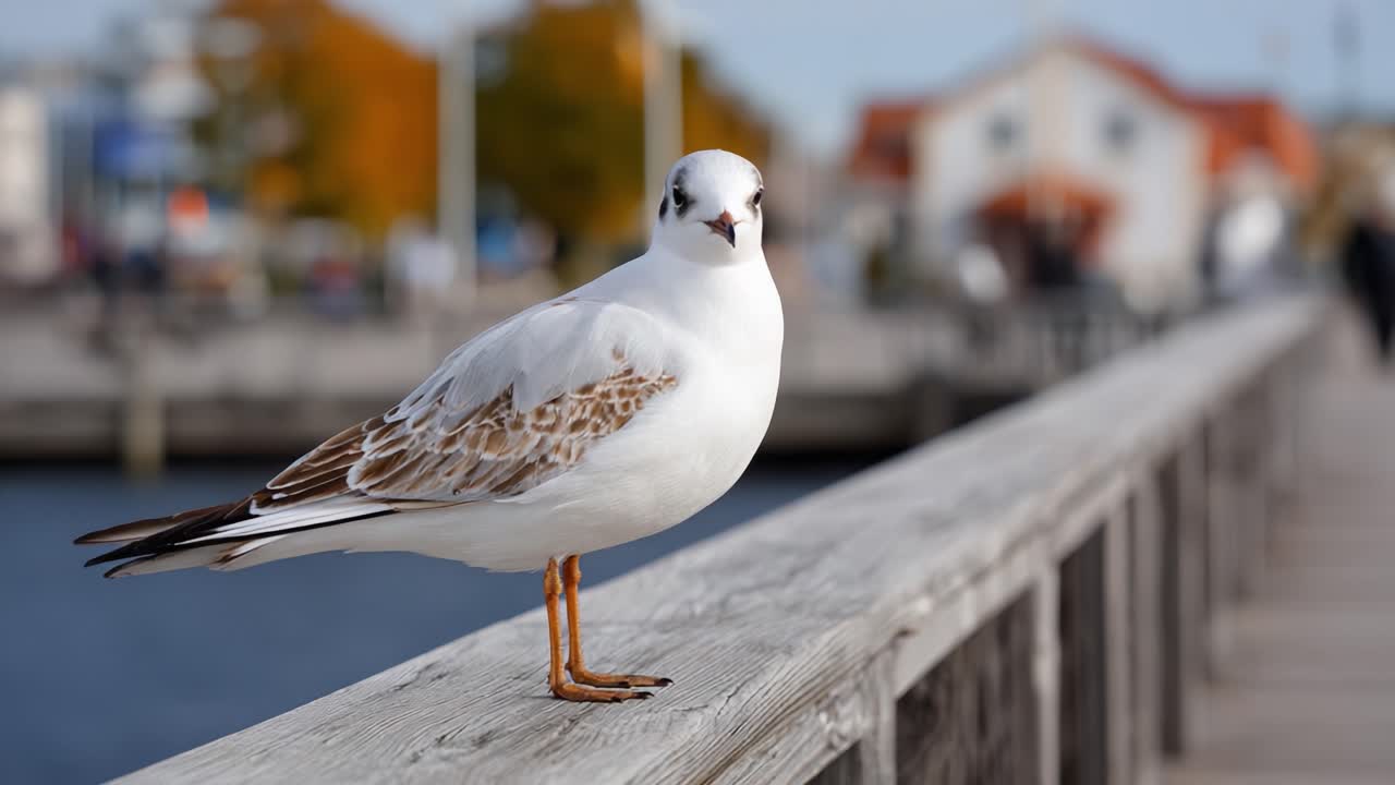 A Seagull Standing on a Wooden Dock with a Scenic Background, Capturing the Beauty of Nature's Wildlife in Urban Settings