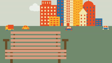 animation of bench over city buildings and road traffic