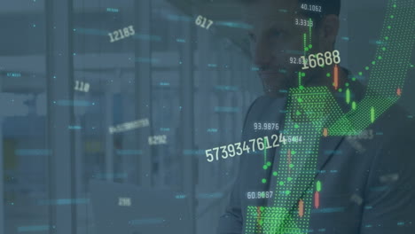 animation of data processing over caucasian man in server room