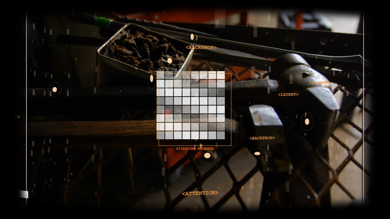 Hand tools on workshop bench receiving HUD scan, grid pulsing, highlighting targets for inspection