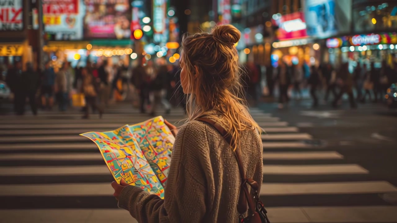 Filmato con vista posteriore di una giovane donna che tiene una mappa colorata della città a un affollato incrocio pedonale di notte, circondata da insegne al neon, folle sfocate e luci stradali urbane.