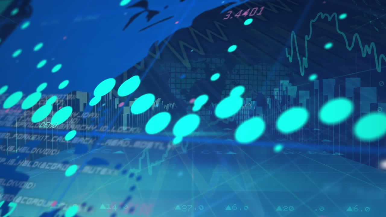 해군 배경의 세계 지도 위의 금융 데이터와 그래프의 애니메이션