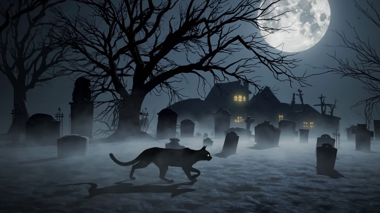 Dark feline prowling moonlit cemetery, silhouetted against misty background and decaying tombstones, haunting halloween atmosphere with spectral mansion looming