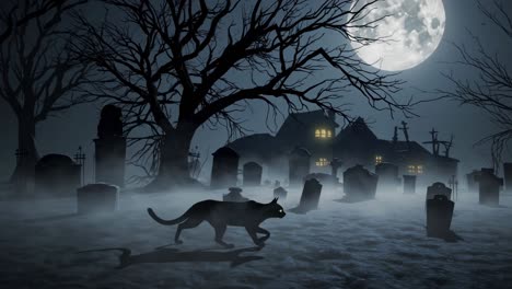 dark feline prowling moonlit cemetery, silhouetted against misty background and decaying tombstones, haunting halloween atmosphere with spectral mansion looming