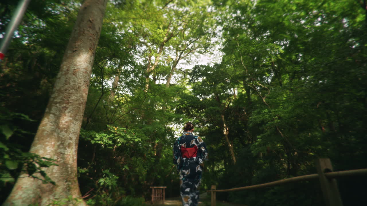 Woman in Kimono Walking in Forest