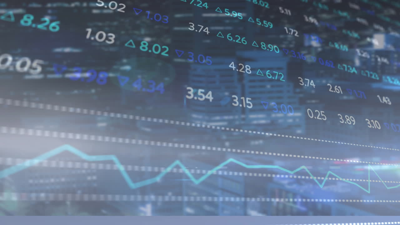 Overlaying financial data and stock market numbers on cityscape animation background