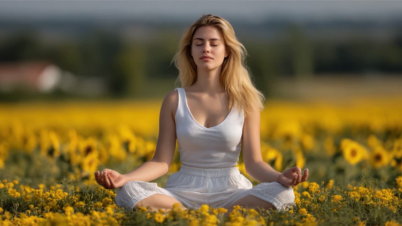 A Serene Moment in Nature: A Young Woman Meditates Amidst a Vibrant Field of Sunflowers, Embracing Tranquility and Inner Peace Under a Clear Sky