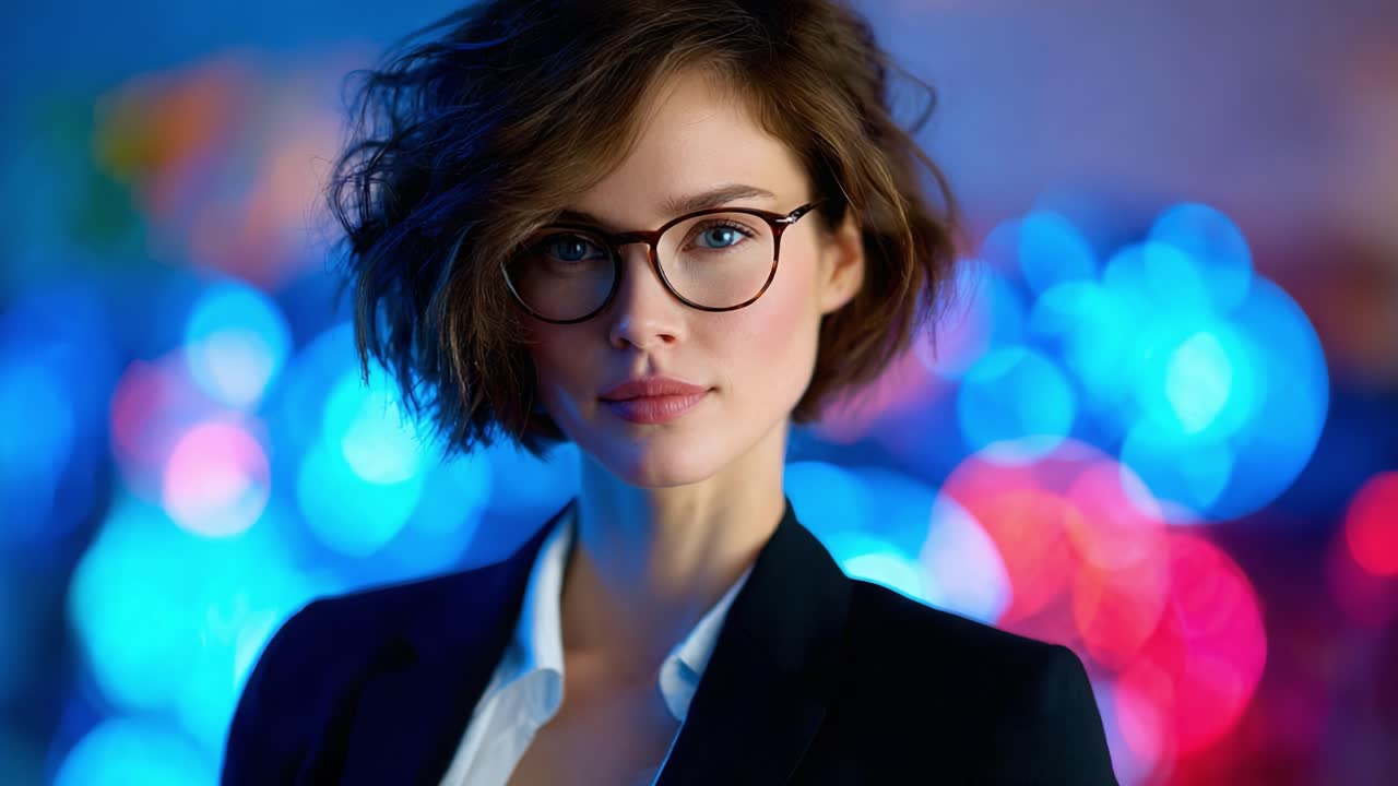 A captivating portrait of a stylish individual with glasses in a vibrant atmosphere illuminated by colorful bokeh, showcasing confidence and elegance