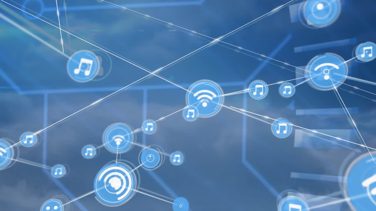 animación de una red de iconos digitales sobre nubes en el cielo azul