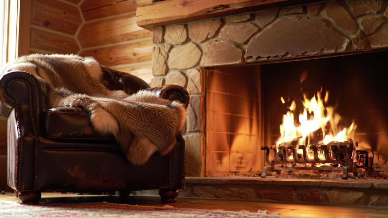 Cozy Winter Vibes: A Warm Fireplace Scene with a Plush Chair and Soft Blanket, Perfect for Relaxation and Comfort on Chilly Evenings