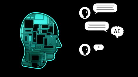 animación de chat artificial y humano digital en fondo negro