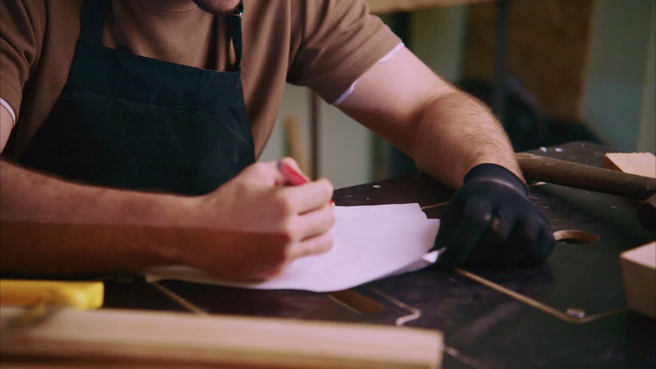 Craftsman Drawing a Design on Paper in His Workshop