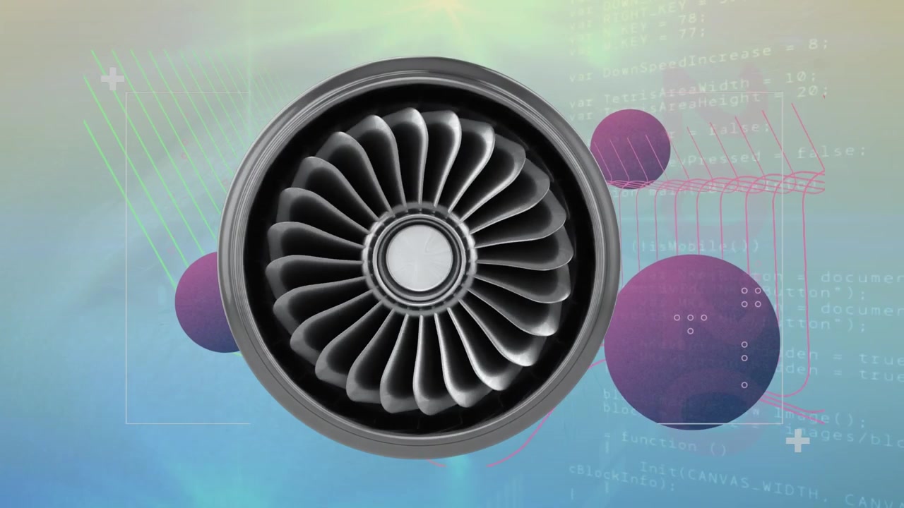 Animation of digital engine over shpes with data processing on green background