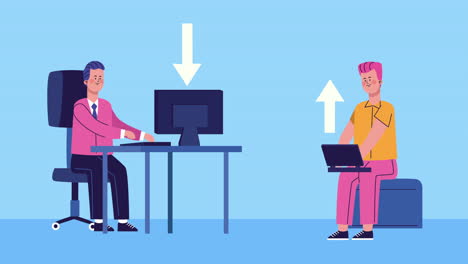 hombres de negocios usando portátiles y personajes de escritorio animados