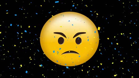 Animation-of-angry-emoji-icon-over-falling-confetti-on-black-background