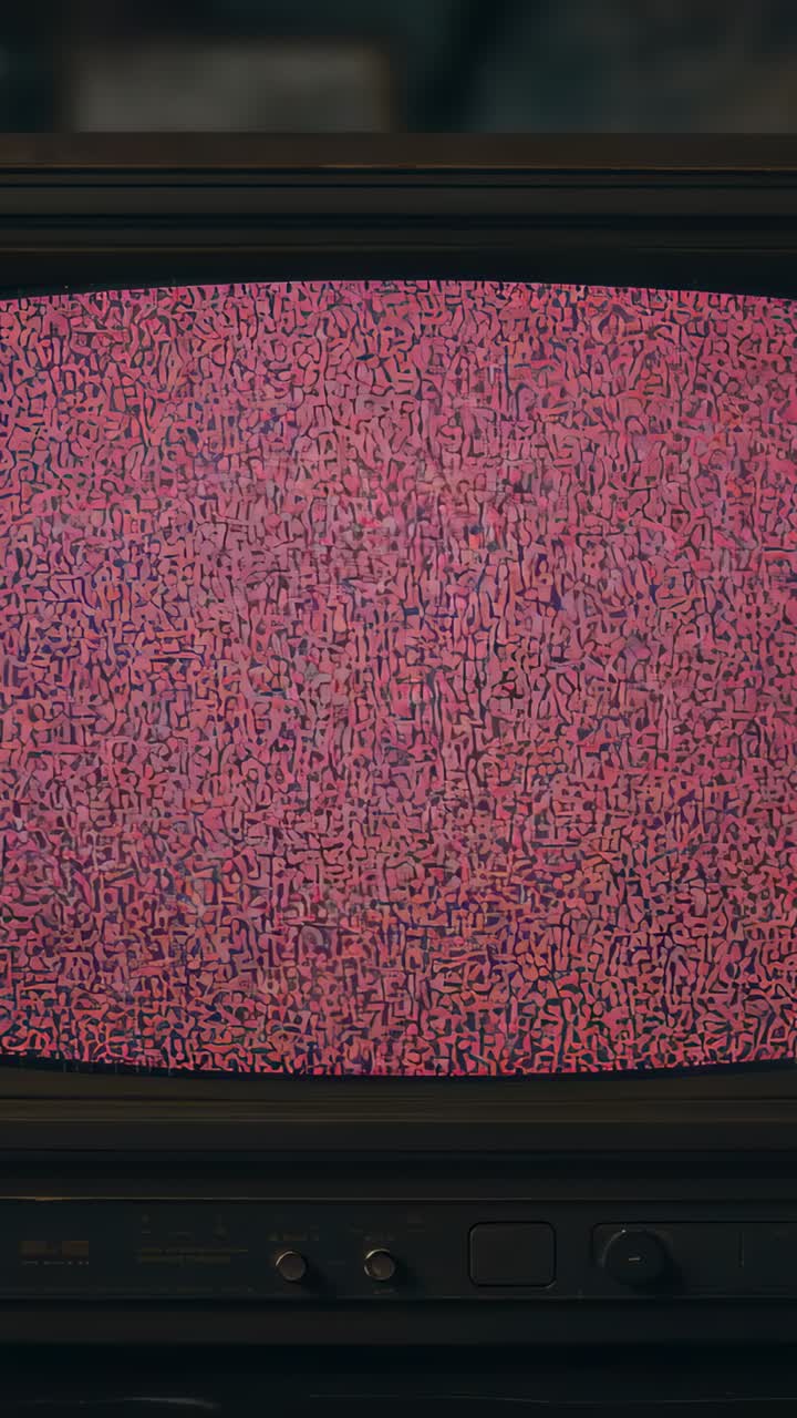 Vertical video: Displaying CRT TV shifting pink static with frames advancing in dim room, knobs