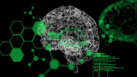 animación de la estructura cerebral y la red neuronal sobre estructuras moleculares verdes y datos
