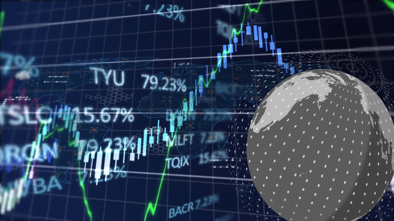 주식 시장 데이터 및 세계 지도 및 전 세계에 대한 금융 성장 애니메이션