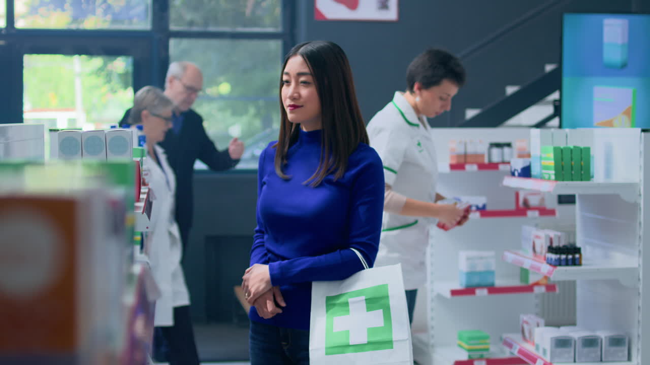 의약품 가게 의 고객 이 자외선 차단제 를 보고 있다