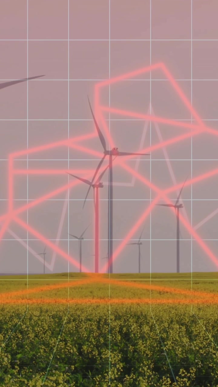 Turbine eoliche in un campo con forme geometriche rosse e animazione a griglia su un paesaggio
