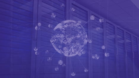 animation of globe with network of connections over server room