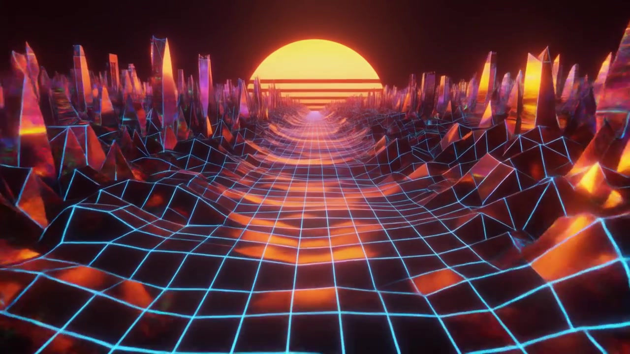 Paesaggio digitale in stile retro synthwave con sole luminoso